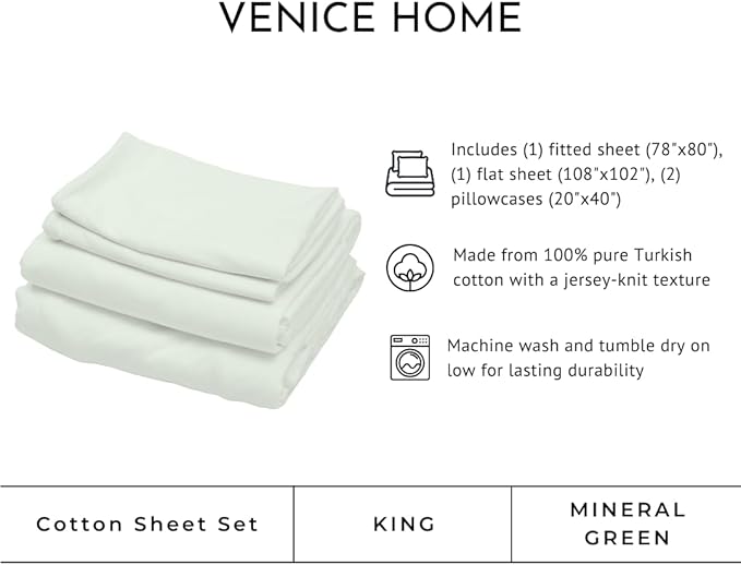 100% Cotton Bed Sheet Set with Deep Pocket - T-Shirt Fabric Jersey Knit - Extra Soft - Easy Fit - 4 Piece Set with Pillowcases - All Season - Comfy – 4 pcs (Mineral Green, King)