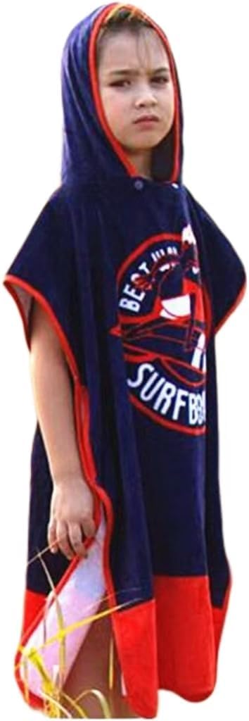 BANGSAUR Kids Beach Pool Bath Hooded Poncho Towel, 100% Cotton Surf Changing Towels Wrap, Baby Toddler Girl Boys 3-12 Years (Blue Red,9-12Years/Height:49"-59";125-150cm)
