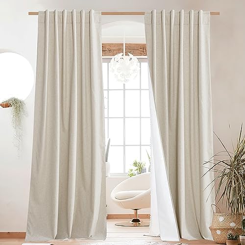 NICETOWN Natural 100% Blackout Linen Curtains 84" Long for Bedroom, Farmhouse Thick Linen Blend Window Treatment Panels Thermal Insulated Drapes for Living Room (1 Pair, 52" Width Each Panel)