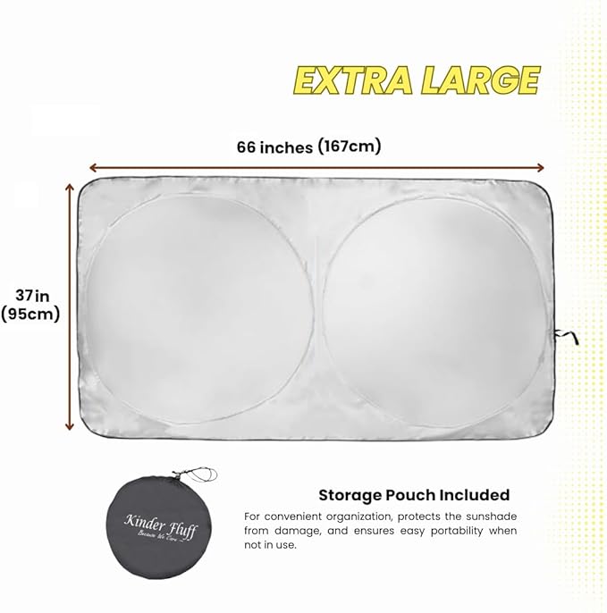 kinder Fluff Windshield Sunshade | Reflective Patented Car Sun Protection - Certified 99% UVR Block - Cool Interior | Foldable Sun Visor Cover | Automotive Accessories for Summer Heat |Size XL 66"x37"