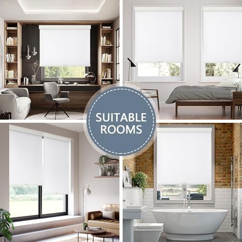 AOSKY Blackout Roller Shades Cordless Blinds for Windows, Free-Stop Shades with Valance, Thermal Insulated Fabric, UV Protection, Natural Woven Blinds for Home and Office (63" W x 72" H, White)
