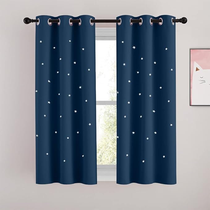 NICETOWN Kids Blackout Curtains for Boys Bedroom, Grommet Thermal Insulated Star Cutout Room Darkening Curtains for Living Room, Set of 2 Panels, 34 x 54 Inch, Moroccan Blue
