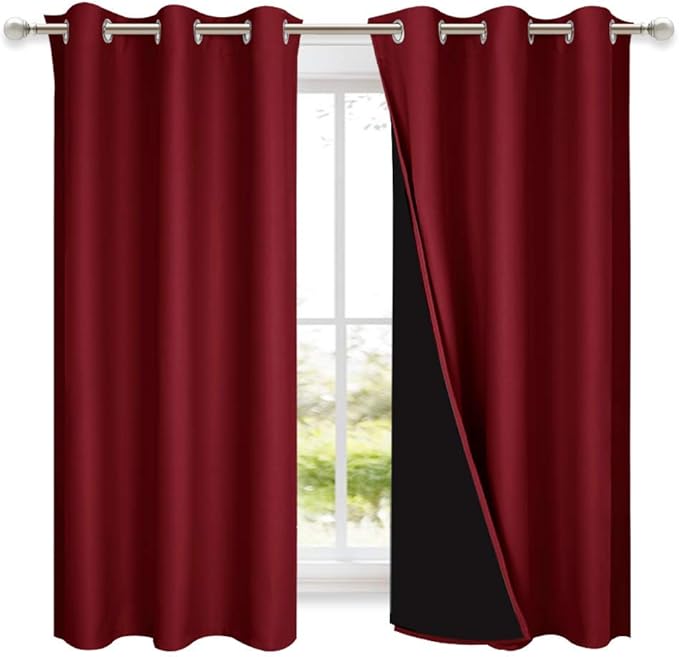 NICETOWN 100% Blackout Curtains 45 inches Long, Burgundy Red, 1 Pair, 42 inches Width Each Panel, 2 Thick Layers Completely Blackout Window Treatment Thermal Insulated Lined Drapes for Small Window