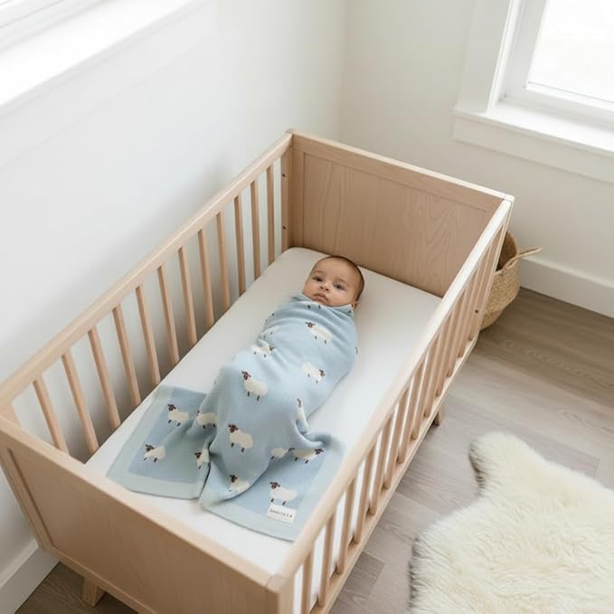Knit Baby Swaddle Blanket for Boys - 100% Cotton Soft Cozy Lightweight Receiving Swaddling Stroller Quilt Blanket for Newborns Infants Toddlers (Sheep - Baby Blue)