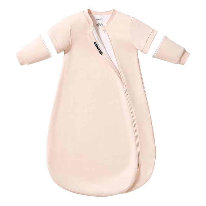 Baby Sleep Sack 3–6 Months, Cotton Sleep Sack with Detachable Long Sleeves, 1.0 TOG Wearable Blanket for Cooler Nights, 2-Way Zipper Toddler Sleeping Sack with Temperature Strip, Pink