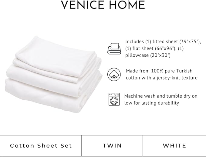 100% Cotton Bed Sheet Set with Deep Pocket - T-Shirt Fabric Jersey Knit - Extra Soft - Easy Fit - 3 Piece Set with Pillowcase - All Season - Comfy – 3 pcs (White, Twin)