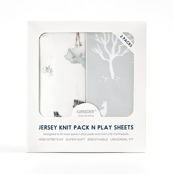 GRSSDER Ultra Soft Pack and Play Sheets, Stretchy Jersey Knit Pack n Play Sheets Fitted 2 Pack, Universal Fitted Portable/Mini Crib Mattresses Safe and Snug, Pretty African Savannah Animals