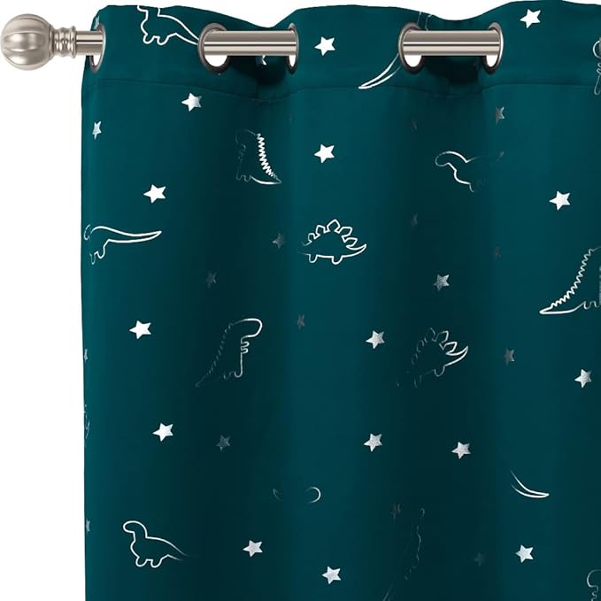 LORDTEX Dinosaur and Star Foil Print Blackout Curtains for Kids Room - Thermal Insulated Curtains Noise Reducing Window Drapes for Boys and Girls Bedroom, 42 x 84 Inch, Sapphire, Set of 2 Panels