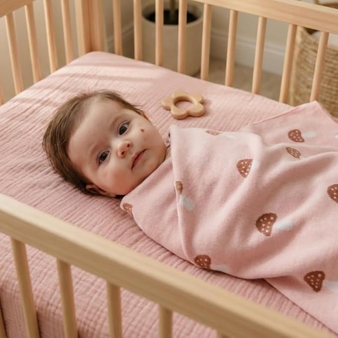Swaddle Blanket for Girls 100% Cotton Buttery Soft Cozy Receiving Swaddle Crib Stroller Blanket for Shower Gift Registry for Newborns, Infants, Toddlers (Mushroom - Pink)