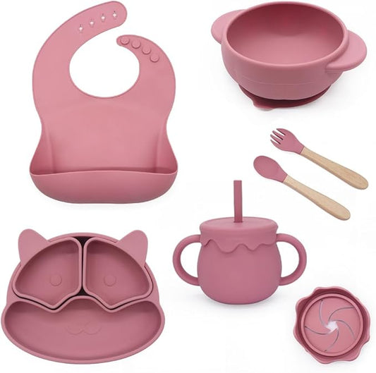 Baby Feeding Essentials, Baby Led Weaning Supplies, Silicone Baby Feeding Set, with Baby Spoon, Fork, Baby Bib, Sippy Cup, Suction Plate, Suction Bowl, Baby Eating Essentials, 6+ Months (Dark Pink)