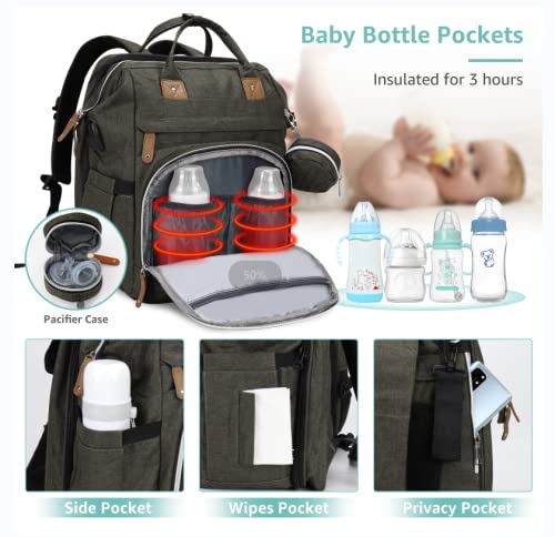 DERJUNSTAR Baby Diaper Bag Backpack with ChangingStation-Large Capacity Baby Bag for Boys & Girls, USBCharging Port, Pacifier Case, sunshade & Toy Bar,Waterproof， Forest