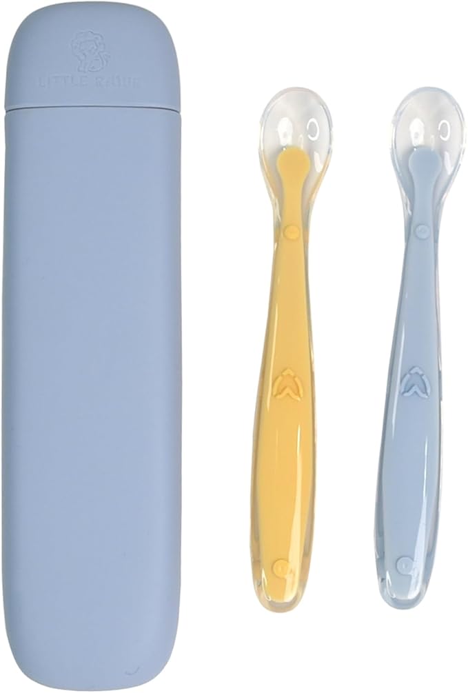 LITTLE RAWR Silicone Baby Feeding Spoons with Storage Box, First Stage Infant Soft-Tip Easy on Gums I Training Spoon Self | Utensils Supplies (Blue)