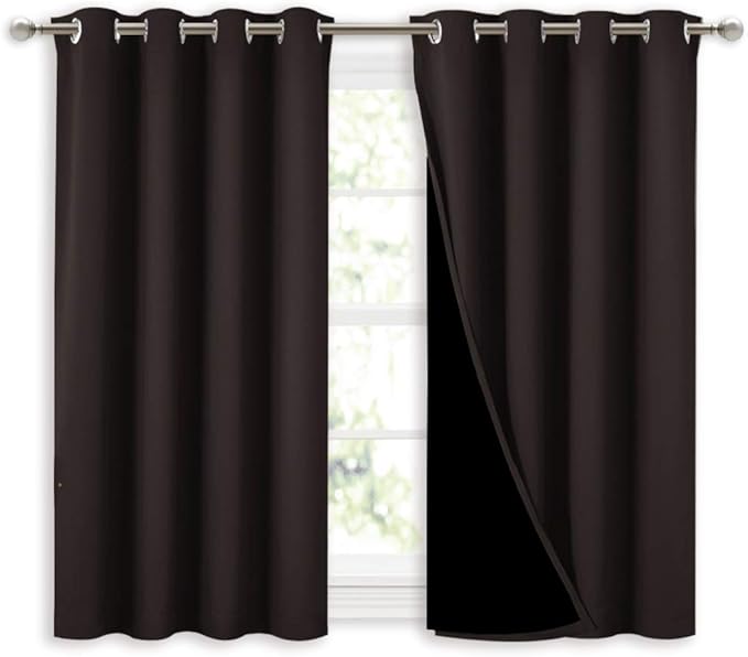 NICETOWN 100% Blackout Curtains 45 inches Length, 2 Thick Layers Completely Blackout Window Treatment Thermal Insulated Lined Drapes for Basement Window (Brown, 1 Pair, 52 inches Width Each Panel)