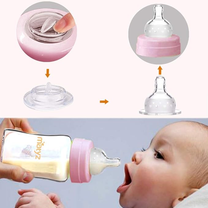 Matyz Glass Breastmilk Storage Containers, 4 Pack, 8 oz Bottle, Fit with Spectra Medela Philips Avent Pump - Wide Mouth Breastmilk Collection and Storage Bottle with Lids - No BPA (Pink Lids)