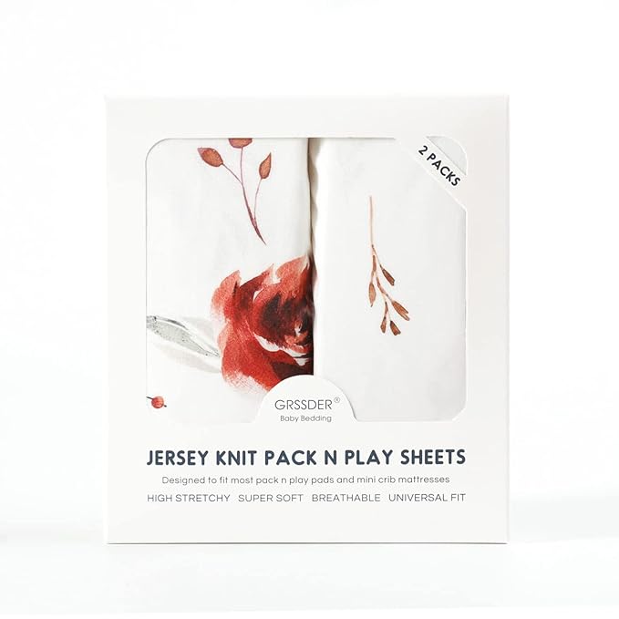 Stretchy Ultra Soft Jersey Knit Pack n Play Sheets Set 2 Pack, Portable/Mini Crib Sheets with Deep Pocket, Universal Fit Playard Pads Safe and Snug, Pretty Rose Flora for Girls, Orange Pink