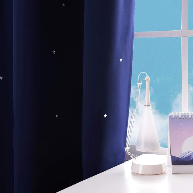 NICETOWN Star Themed Kids Curtains - Grommet Top Thermal Insulated Window Draperies with Die Cut Stars Bedroom/Home Theater/Living Room (42 inches Width, 84 inches Length, Navy Blue, 2 Panels),Adult