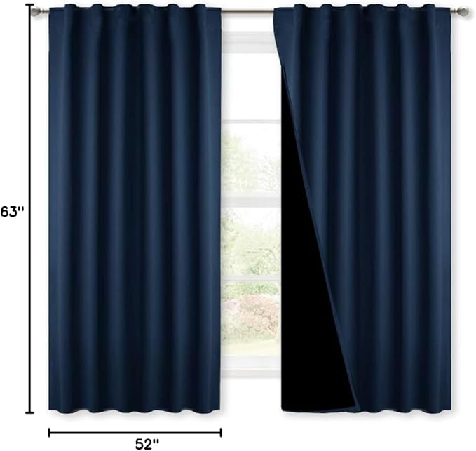 NICETOWN 100% Blackout Bedroom Curtains Navy, Thermal Insulated Black Liner Curtains for Nursery Room, Noise Reducing and Cold Blocking Drapes for Windows (Set of 2, 52-inch Wide by 63-inch Long)