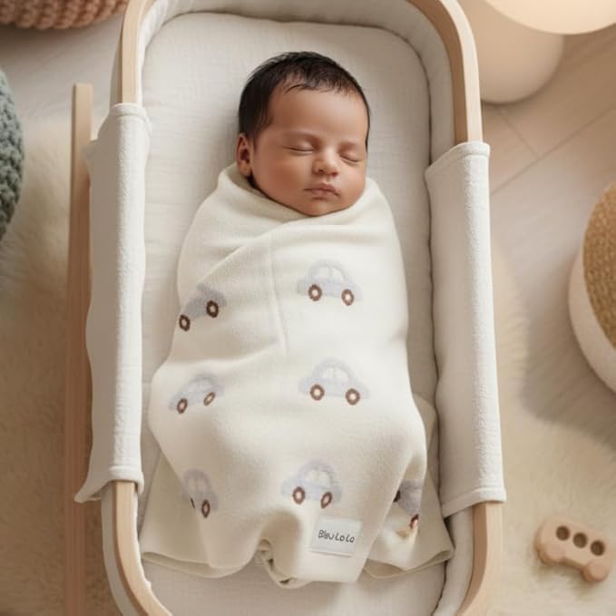 Knit Baby Blanket for Girls and Boys 100% Cotton Buttery Soft Cozy Receiving Swaddle Stroller Blanket for Shower Gift Registry for Newborns, Infants, Toddlers (Cars - Cream)