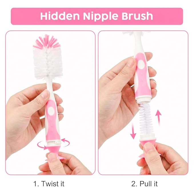 Ariseno 4-in-1 Baby Bottle Brush Set, Including Nylon Bottle Brush, Cap, Straw, Nipple Brushes, BPA-Free (Pink)
