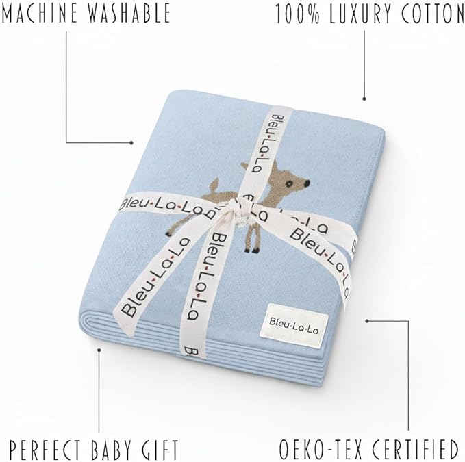 Knit Baby Swaddle Blanket - 100% Cotton Soft Cozy Receiving Swaddle Stroller Blanket for Shower Gift Registry for Newborns, Infants, Toddlers (Deer - Blue)
