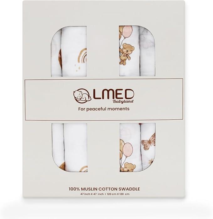 100% Muslin Cotton Swaddle Blankets, Pack of 4, 47 x 47 inches (120 cm x 120 cm), Ultra-Soft, Breathable, Hypoallergenic, 0+ Months (Teddy Bear/Rainbow/Butterfly/Balloon)