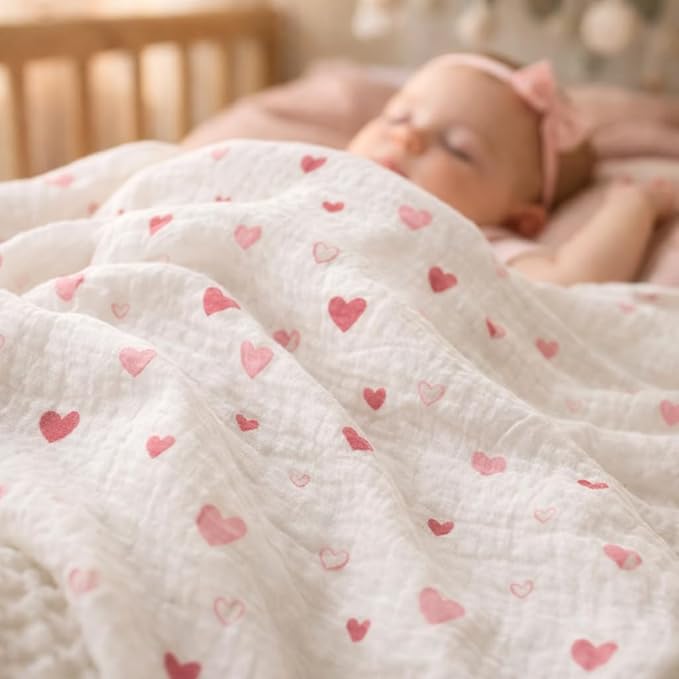 Soft 100% Cotton Swaddles for Newborns, 2- Pack - Large, Breathable Baby Blanket - Versatile, Durable Muslin Swaddle Blankets - Perfect Newborn Essentials (Hearts/Pink)