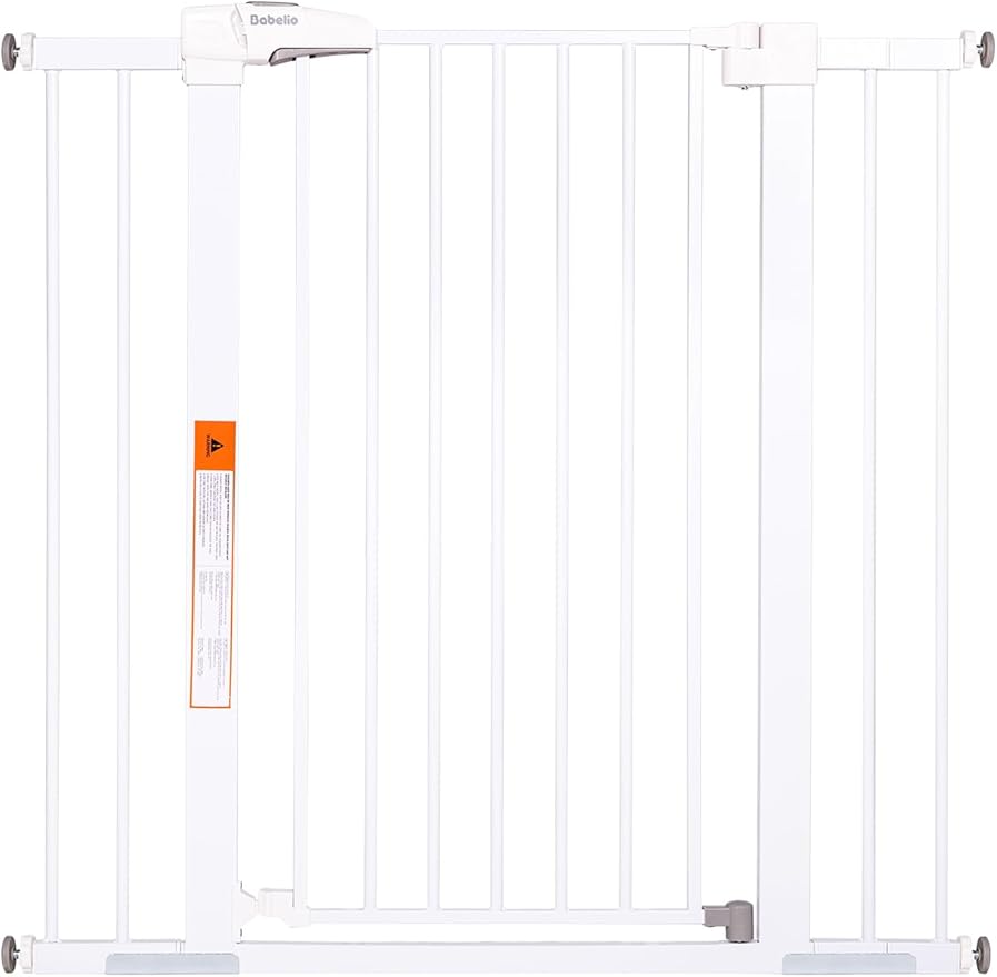 BABELIO 36" Tall Dog Gate PressGuard C5, 26-40" Wide Auto Close Baby Gate, Pressure Mounted Metal Pet Gate, Easy Install No Drilling, No Tools Needed, with Wall Protectors and Extension Kits, White