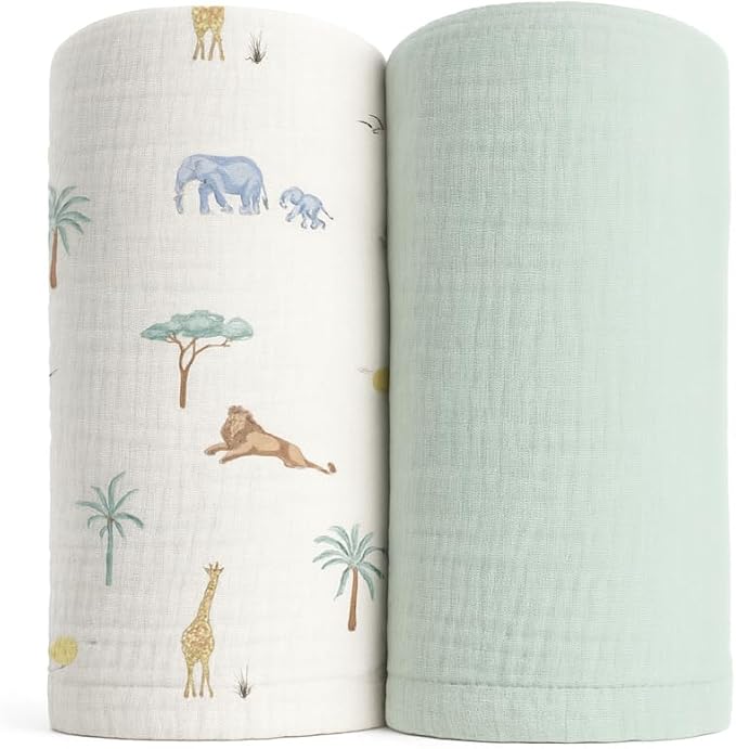 Soft 100% Cotton Swaddles for Newborns, 2- Pack - Large, Breathable Baby Blanket - Versatile, Durable Muslin Swaddle Blankets - Perfect Newborn Essentials (Safari/Green)