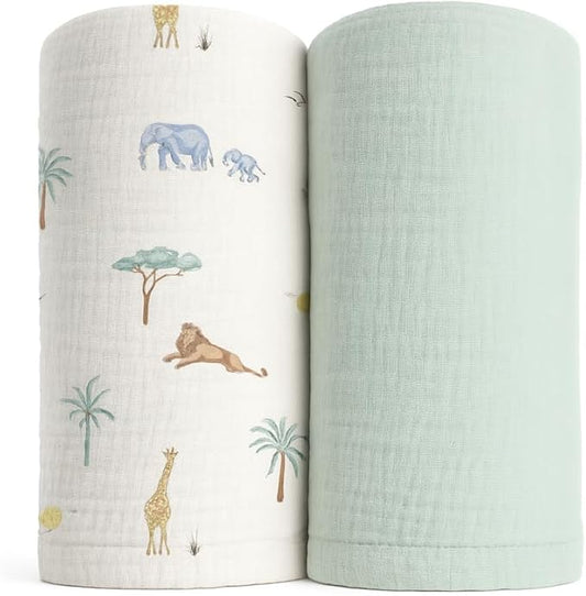Soft 100% Cotton Swaddles for Newborns, 2- Pack - Large, Breathable Baby Blanket - Versatile, Durable Muslin Swaddle Blankets - Perfect Newborn Essentials (Safari/Green)