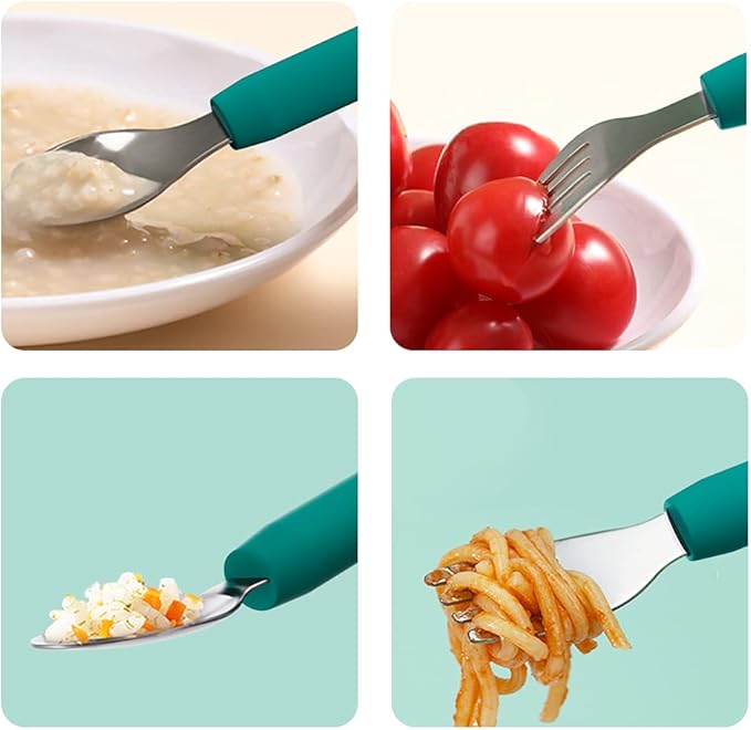 SFCCMM Baby Forks and Spoons Set Baby Training Utensils Self Feeding Toddler Silverware Silicone and Stainless Steel Kids and Toddler Utensil (Green Dinosaur - Long)