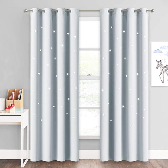 NICETOWN Stars Inspiration Curtain Panels - Sky Wonder Star Cut Out Functional Room Darkening Draperies for Bedroom/Living Room/Kid's Room, 52 inches W x 84 inches L, Greyish White, 1 Pair