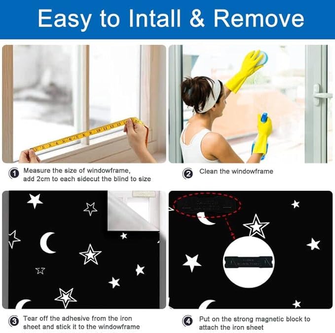 Magnetic Blackout Shades Temporary Blackout Curtains 100% Blackout Blind Window Cover for Windows and Doors, Cut to Any Size/Shape (118"x57") (Moon & Stars)
