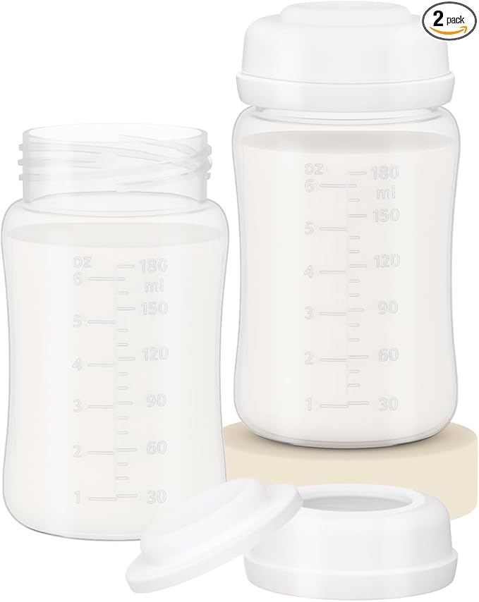6oz Wide-Mouth Breastmilk Storage Bottles with Two-Pieces Sealing Cap, Leak-Proof Design, No-Fade Reading Marking, Compatible with Spectra S1 S2 9 Plus, Motif Luna, and Most Wide-Mouth Flanges, 2 Pack