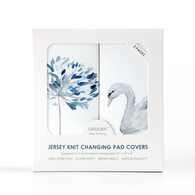 GRSSDER Stretch Ultra Soft Jersey Knit Changing Pad Cover Set 2 Pack, Change Table Pad Covers Fit 32"/34" x 16" Pads Safe and Snug, Pretty Swan/Watercolor Dandelion for Baby