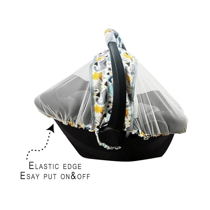 Mosquito Net for Baby CarSeat –Car seat net for Newborn Carrier –Breathable mesh net for Infant Car Seats, Stroller and Bassinets, Carrier, Elastic Edge, Kick Proof, Dinosaur, White, Patent Design