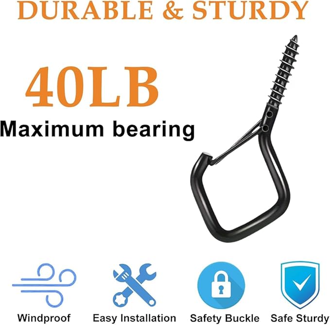 12-Pack Heavy-Duty Black Screw Eye Hooks with Safety Clips | Metal Ceiling Hooks for Hanging Plants, Wind Chimes, Bird Feeders & Indoor/Outdoor Lights