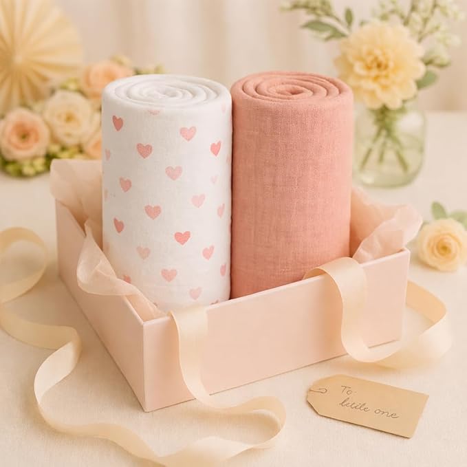 Soft 100% Cotton Swaddles for Newborns, 2- Pack - Large, Breathable Baby Blanket - Versatile, Durable Muslin Swaddle Blankets - Perfect Newborn Essentials (Hearts/Pink)
