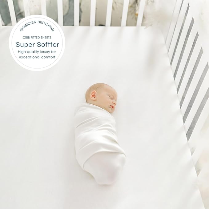 GRSSDER Jersey Crib Sheets for Boys and Girls, Stretchy Ultra Soft Crib Fitted Sheets Set 2 Pack, Universal Fit All Standard Crib Mattress Pads Safe and Snug, Natural White/Gray