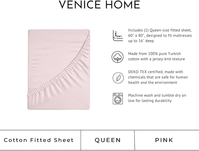 100% Cotton Fitted Sheet Only - Deep Pocket up to 16inch - All-Around Elastic - T-Shirt Fabric Jersey Knit - Extra Soft - Easy Fit - All Season - Comfy (Pink, Queen)