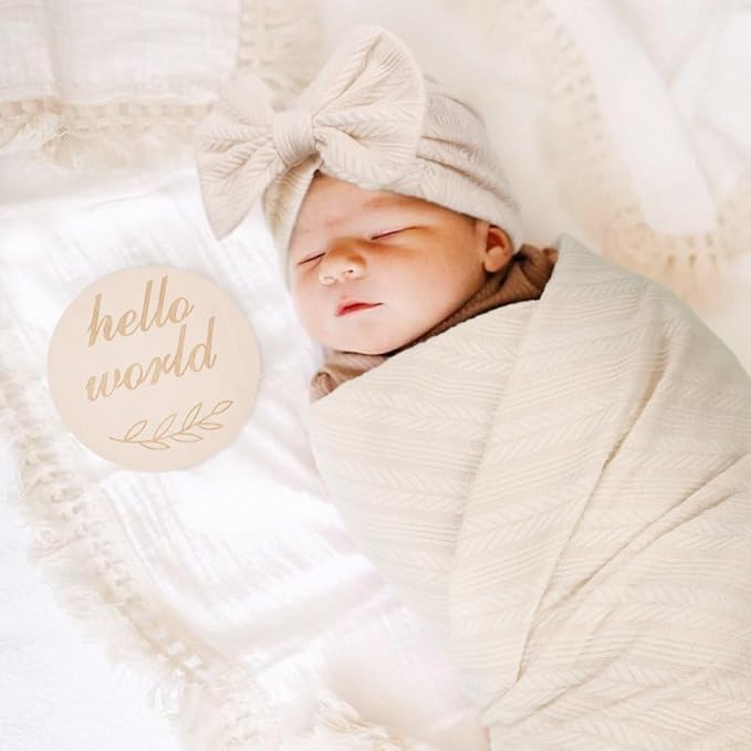 DRESHOW BQUBO Baby Swaddle Blankets for Girls, 4PCS Newborn Accessories Set with Matching Hat and Bow Headband with Hello World Wooden Birth Announcement Card
