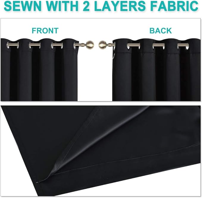 NICETOWN 100% Blackout Window Curtain Panels, Full Light Blocking Drapes with Black Liner for Nursery, 72 inches Drop Thermal Bedroom Drapes and Curtains (Black, 2 Pieces, 62 inches Wide Per Panel)