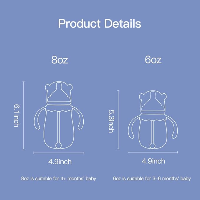 POTATO Glass Baby Bottles, Anti-Colic Breastfeeding Bottles with Medium Flow Nipple, Suitable for Babies 3-6 Months, 2 Replaceable Nipples, 6 oz, Pink