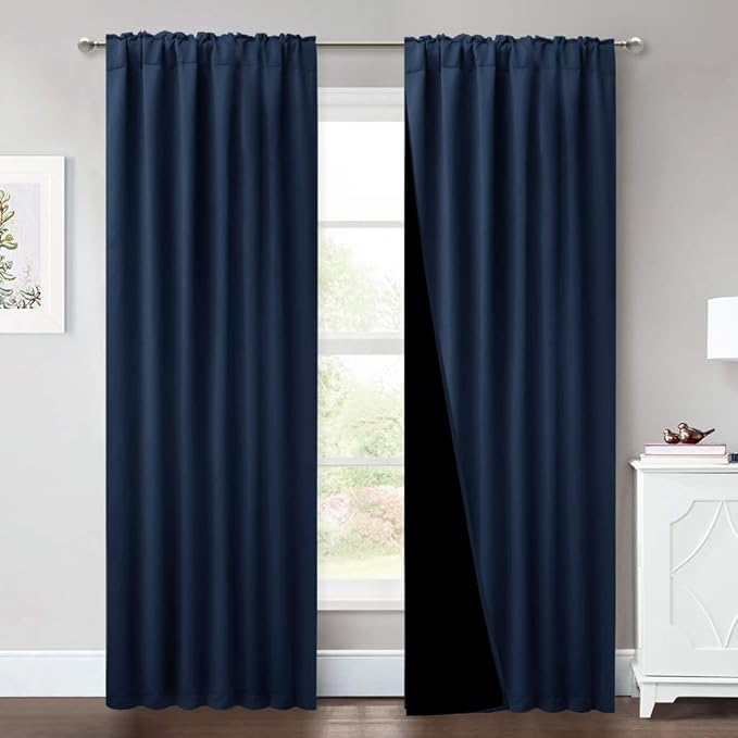 NICETOWN Total Blackout Cold Reducing Curtain Set, Thermal Insulated & Energy Efficiency Window Drapes for Guest Room, Full Shading Panels for Shift Worker and Light Sleepers, Navy, 52W x 84L, 2 PCs