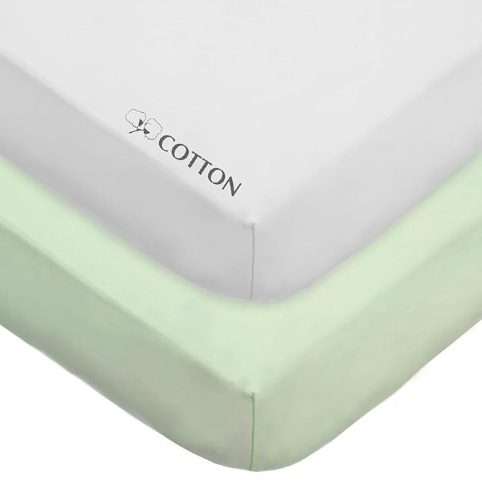 American Baby Company 2 Pack 100% Natural Cotton Fitted Crib Sheets 52" x 28" - Soft, Breathable, Hypoallergenic & Gentle Toddler Bed Sheets, Celery and White, Neutral for Boys & Girls