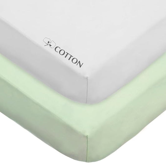 American Baby Company 2 Pack 100% Natural Cotton Fitted Crib Sheets 52" x 28" - Soft, Breathable, Hypoallergenic & Gentle Toddler Bed Sheets, Celery and White, Neutral for Boys & Girls