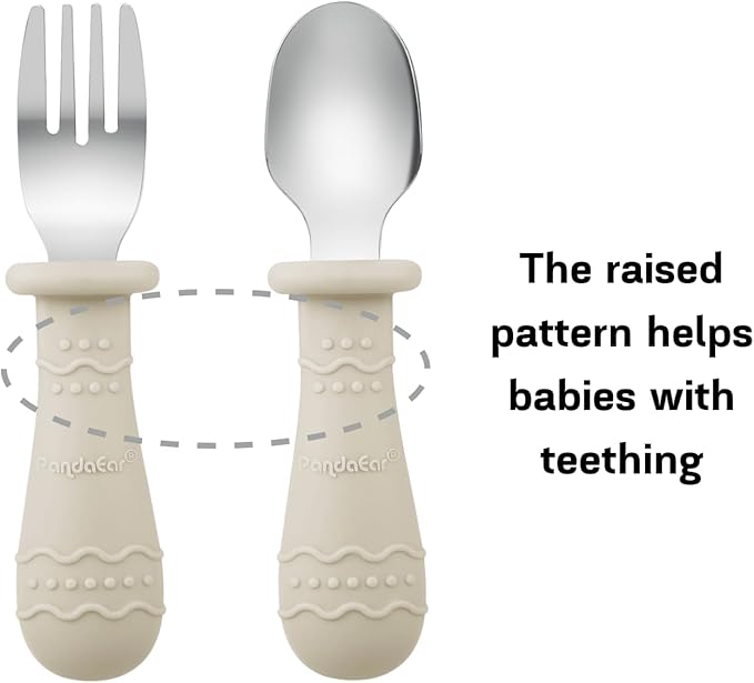 PandaEar Baby Feeding Set| 2 Pack Silicone Divided Suction Plate, 2 Set Toddler Spoons & Forks| Baby Led Weaning Supplies Self Feeding Eating Utensils (Green & White)
