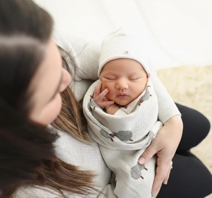 Luxury Cotton Knit Swaddle Baby Blanket - Soft Cozy Lightweight Unisex Receiving Swaddler Stroller Quilt Blanket for Shower Gift Registry for Newborns Infants Toddlers (Sheep - Ivory)