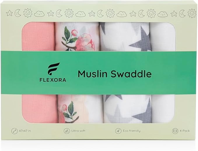 Muslin Swaddle Blankets for Baby Boys and Girls, 4-Pack Breathable and Skin-Friendly Receiving Blanket Wrap, Baby Essentials, Registry & Gift, 47 x 47 inches (Rosy Contrast)