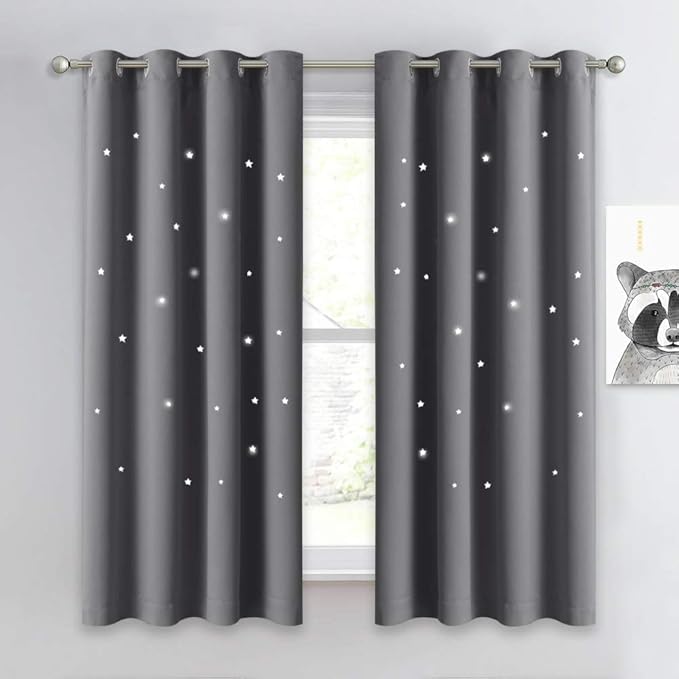 NICETOWN Gray Stars Kids Curtains - Nap Time Essential Nursery Window Curtains for Kid's Room, Super Cute Drape Panels with Die-Cut Stars for Thanksgiving(2 Panels, W52 x L63 inches)