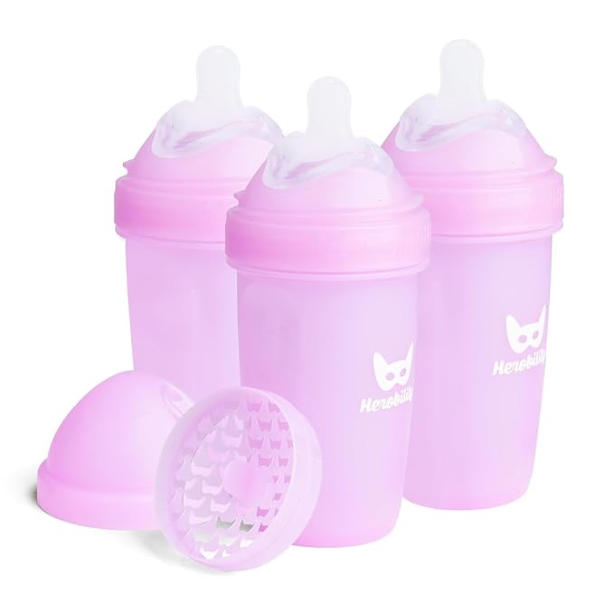 Herobility Anti-Colic Baby Bottles 8.5 fl oz/240ml - Pack of 3 Plastic Baby Bottles, Slow Flow Plastic Bottles, Breast-Shaped Teat for Breastfed Babies, Small Baby Bottles, Purple, Swedish Design